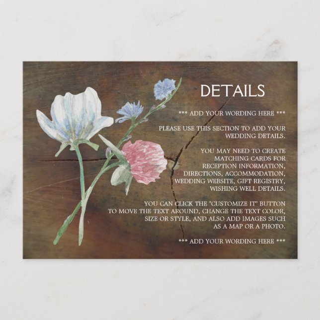 Wildblume Oak Wood Wedding Detail Begleitkarte (Vorderseite)