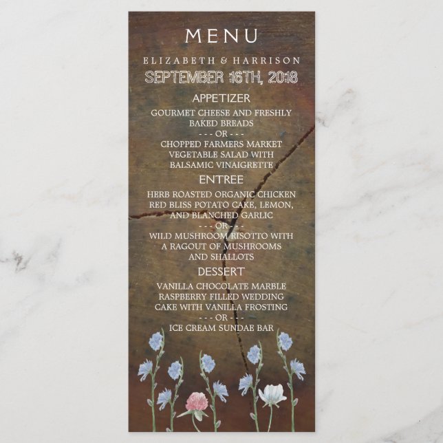Wildblume Oak Wood Wedding Menü Menükarte (Vorderseite)