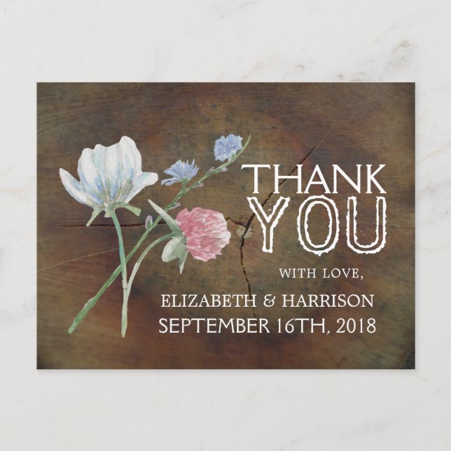 Wildblume Oak Wood Wedding Vielen Dank Postkarte (Vorderseite)