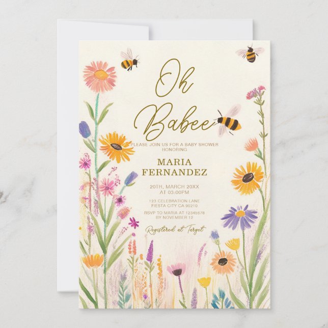 Wildblume Oh Babee Mommy zu Bee Baby Dusche Einladung (Vorderseite)