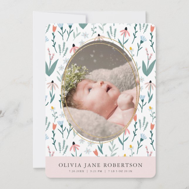 Wildblume Pattern Girl Foto Geburtsankündigung Einladung (Vorderseite)