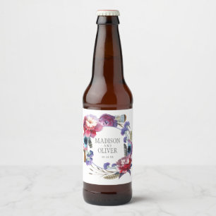 Wildblume Peony Floral with Feathers   Hochzeit Bierflaschenetikett