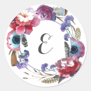 Wildblume Peony Floral with Feathers   Monogramm Runder Aufkleber