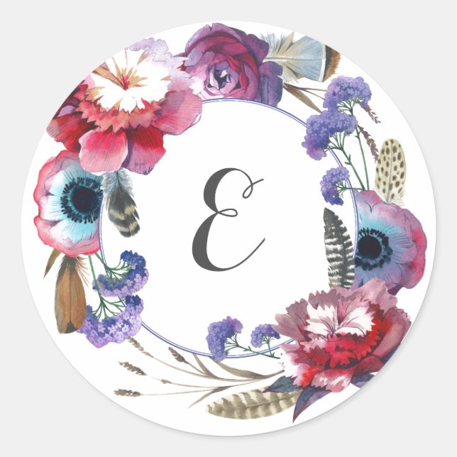 Wildblume Peony Floral with Feathers | Monogramm Runder Aufkleber (Vorderseite)