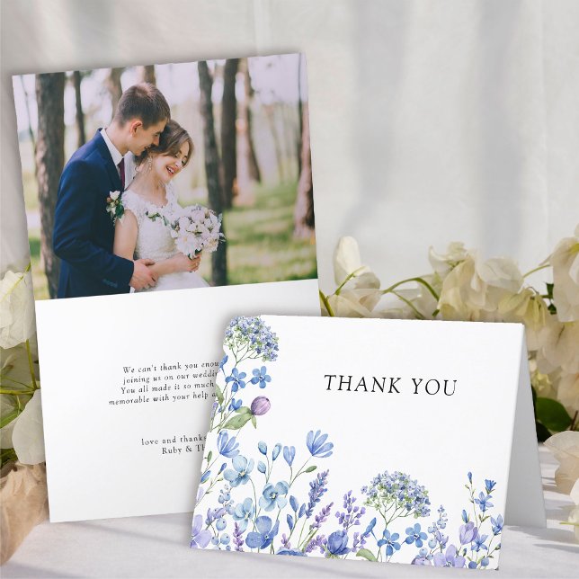 Wildblume Periwinkle Floral Wedding Foto Dankeskarte (Wedding Photo Thank You Card from my Lilac + Periwinkle Wildflower Wedding Collection)