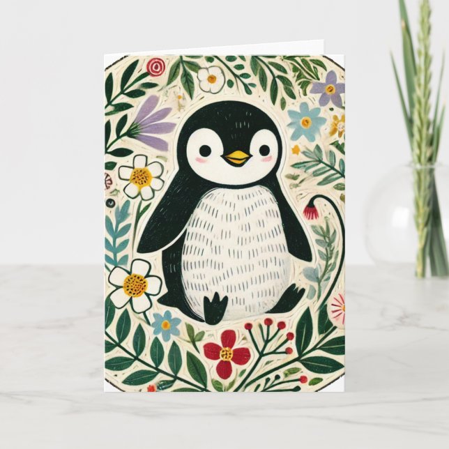 Wildblume Pinguin Liebhaber Illustration Karte (Vorderseite)