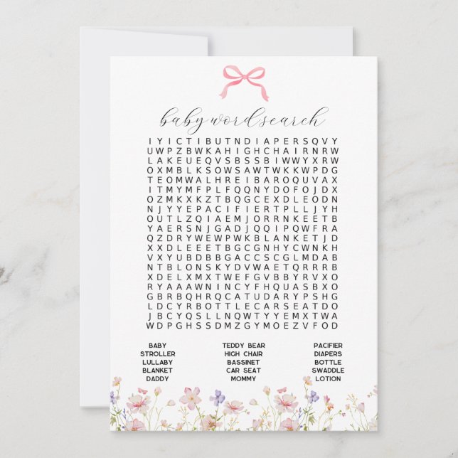 Wildblume Pink Bow Baby Word Search Game Card Einladung (Vorderseite)