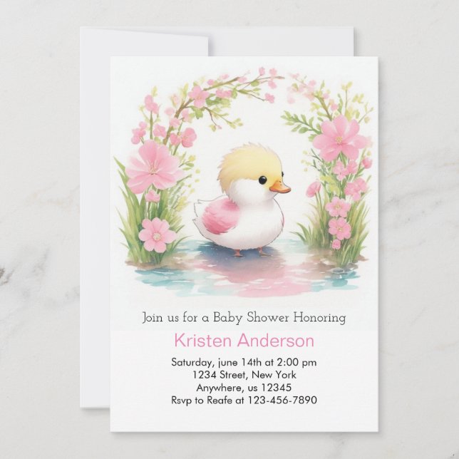 Wildblume Pink Duckling Girl Babydusche Einladung (Vorderseite)