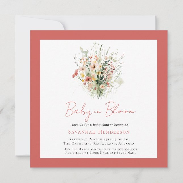 Wildblume Pink Garden Baby in Bloom Baby Dusche Einladung (Vorderseite)