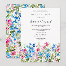 Wildblume Pink und Blauer Blütenbaby-Dusche Einladung
