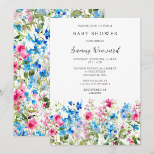 Wildblume Pink und Blauer Blütenbaby-Dusche Einladung