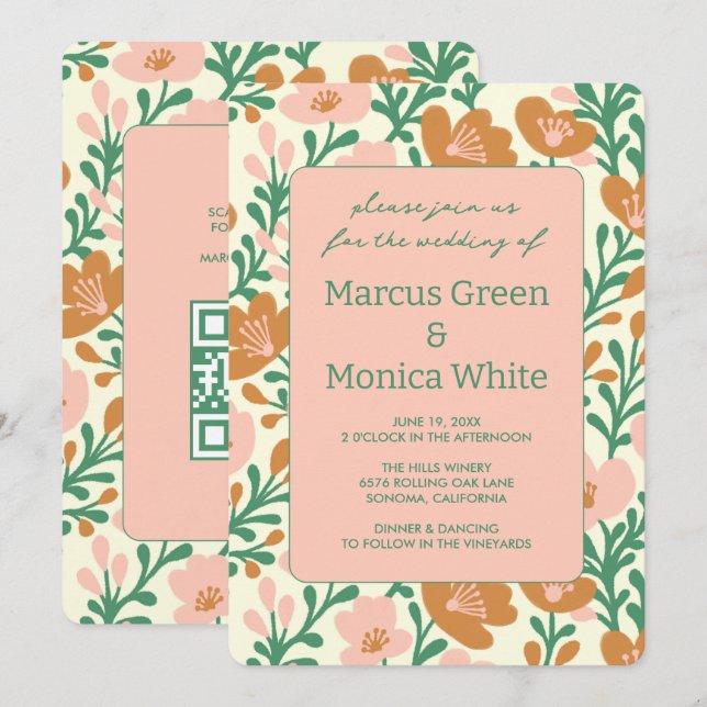 Wildblume Reben Rosa Graue QR Code WEDD Einladung (Vorne/Hinten)