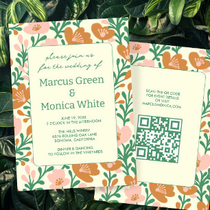 Wildblume Reben Rosa Graue QR Code WEDD Einladung