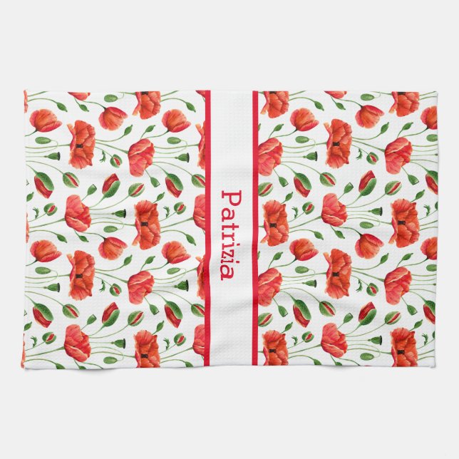 Wildblume Red Poppy Blumenmuster Individuelle Name Geschirrtuch (Horizontal)