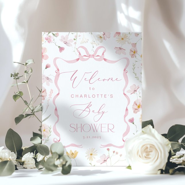 Wildblume Rosa Rahmen Babydusche Begrüßung Poster (Von Creator hochgeladen)