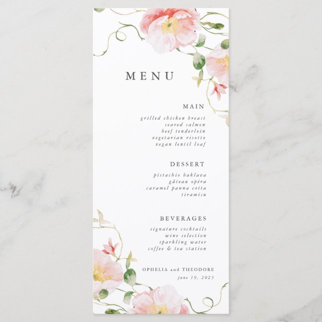 Wildblume Rosa Wasserfarbe Elegante Hochzeit Menükarte (Vorderseite)