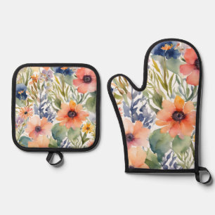 Wildblume Rose Aquarellfarben Blume Ofenhandschuh & Topflappen-Set