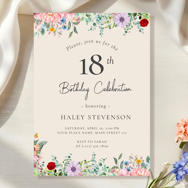 Wildblume Rustic Boho 18. Geburtstag Einfache Beig Einladung (Von Creator hochgeladen)