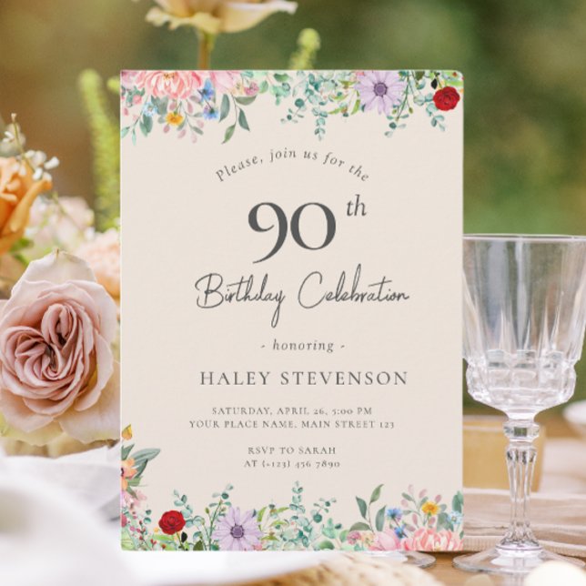 Wildblume Rustic Boho 90. Geburtstag Einfache Beig Einladung (Von Creator hochgeladen)