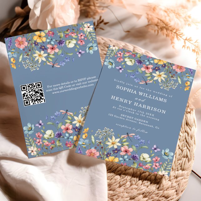 Wildblume Rustic Chic Blue Wedding QR Code Einladung (Von Creator hochgeladen)