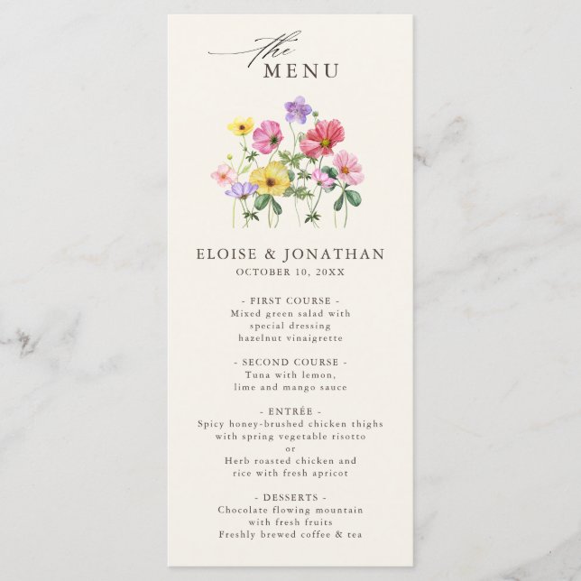 Wildblume Rustic Chic Floral Boho Country Wedding Menükarte (Vorderseite)