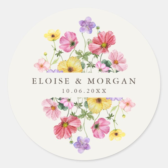 Wildblume Rustic Chic Floral Boho Country Wedding Runder Aufkleber (Vorderseite)