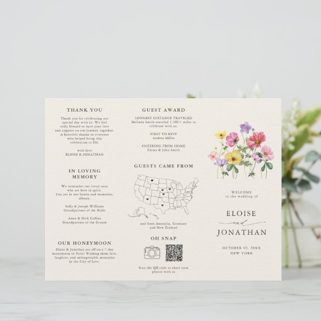 Wildblume Rustic Chic Floral Boho Hochzeitsprogram (Stehend Vorderseite)