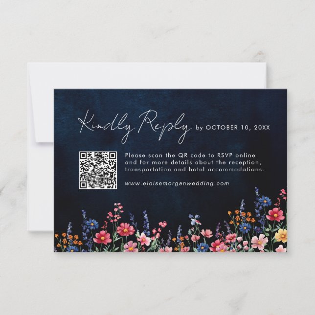 Wildblume Rustic Country Boho Floral Navy QR Code RSVP Karte (Vorderseite)