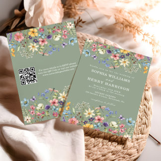 Wildblume Rustic Sage Green Wedding QR Code Einladung