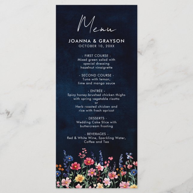 Wildblume Rustikale Hochzeit der Boho-Seestreitkrä Menükarte (Vorderseite)