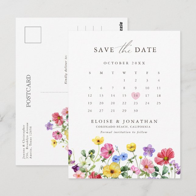 Wildblume Rustikaler Blumenkalender Save the Date Postkarte (Vorne/Hinten)