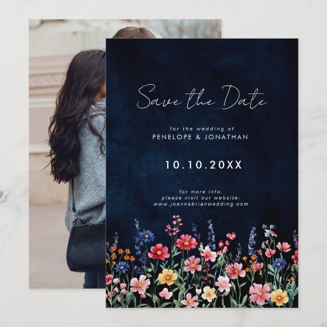 Wildblume Rustikales Boho Floral Navy Foto Save The Date (Vorne/Hinten)