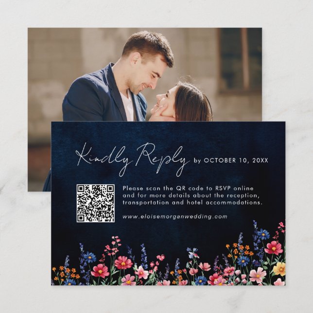 Wildblume Rustikales Boho Navy QR-Foto RSVP Karte (Vorne/Hinten)