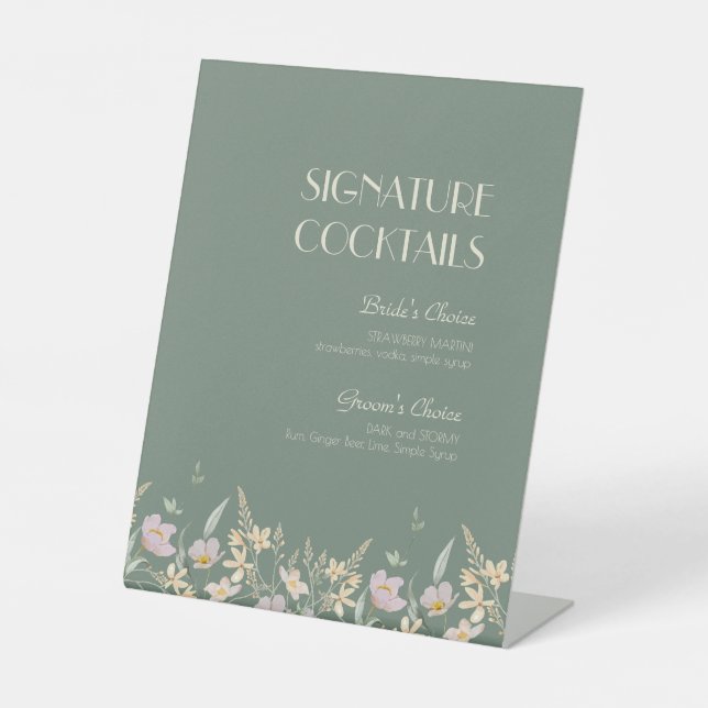 Wildblume Sage Deko Wedding Cocktail Menü Sockelschild (Vorderseite)