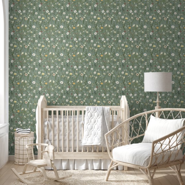 Wildblume Sage Green Floral Gelb Weiße Blume Tapete (Kinder)