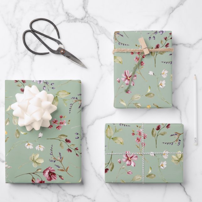 Wildblume Sage Green Floral Geschenkpapier Set (Vorderseite)