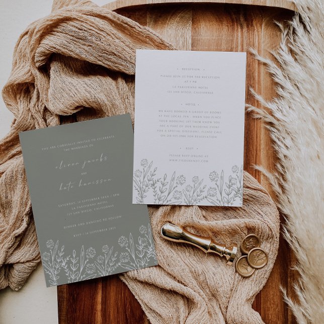 Wildblume Sage Green Front & Back Wedding Einladung (Von Creator hochgeladen)