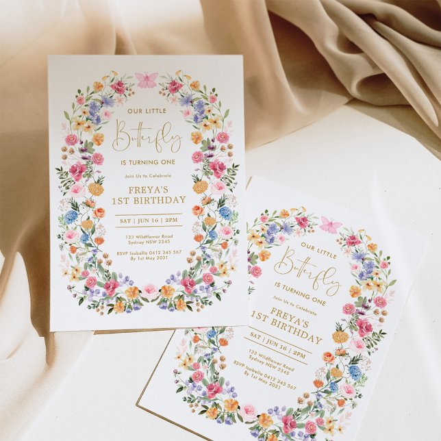 Wildblume Schmetterling Wreath Erster Geburtstag Einladung (Von Creator hochgeladen)