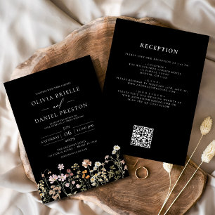 Wildblume Schwarz Weiß All-in-One QR-Code Hochzeit Einladung