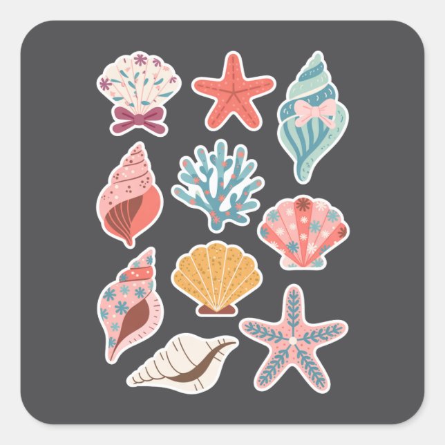 Wildblume Seashell Clam Summer Vibes Floral Beach Quadratischer Aufkleber (Vorderseite)