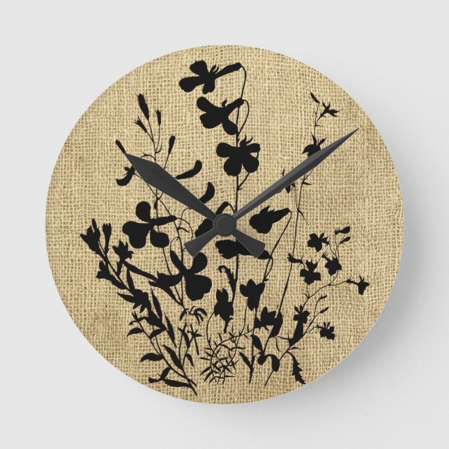 Wildblume Silhouette Burlap Runde Wanduhr (Vorderseite)