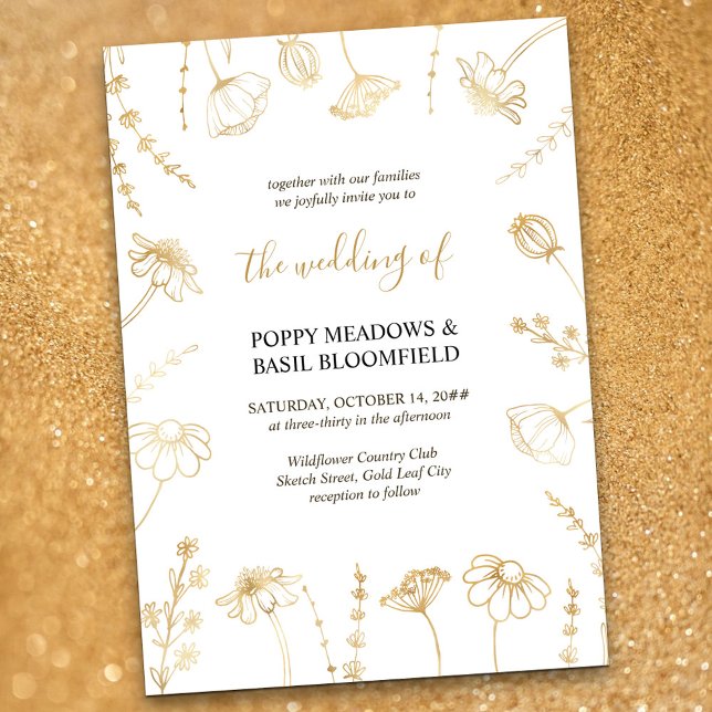 Wildblume Sketch Gold Blume Hochzeit Einladung (Wedding Invitation in White & Gold, from my Wildflower Sketch collection)