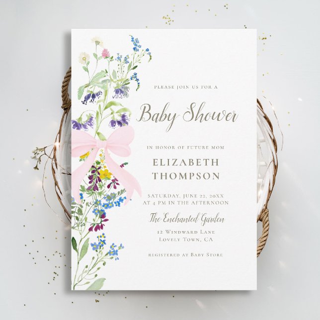 Wildblume Soft Bloms Pink Bow Girl Babydusche Einladung (wildflowers baby shower invitation pink bow elegant garden party colorful happy watercolor boho)