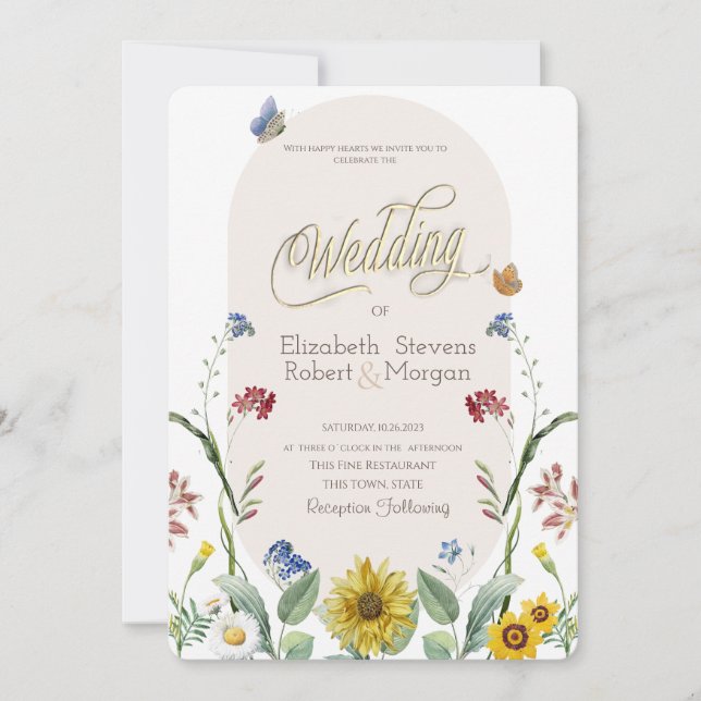 Wildblume Sonnenblumenschmetterlinge Hochzeit Einladung (Vorderseite)