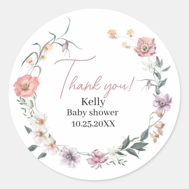 Wildblume Spring Baby Dusche Danke Runder Aufkleber (Vorderseite)