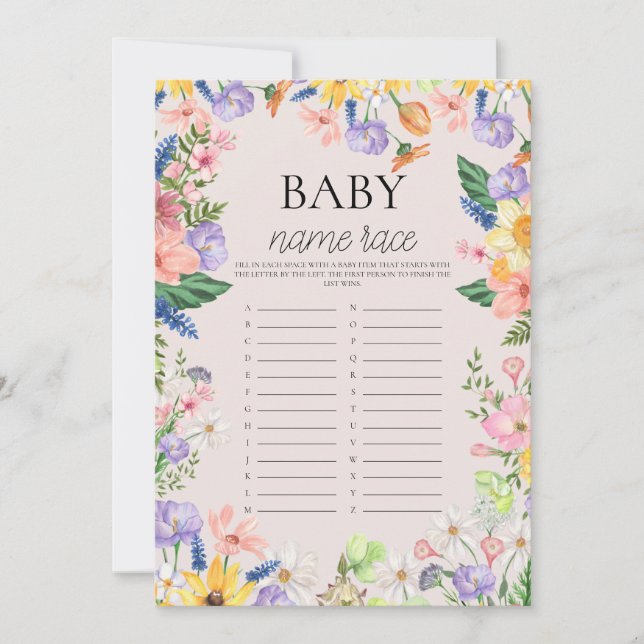 Wildblume Spring Baby Name Race Game Card Einladung (Vorderseite)