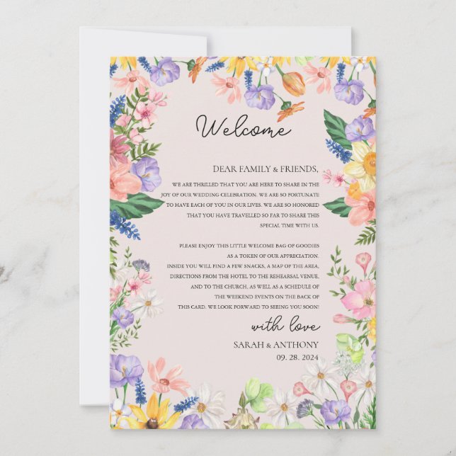 Wildblume Spring Welcome Letter & Timeline Card Einladung (Vorderseite)