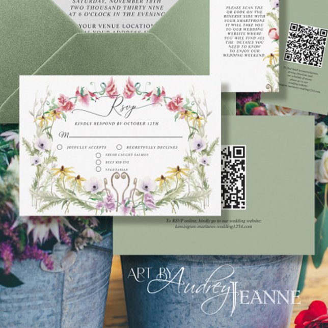 Wildblume Spring Wreath Moderner Blumencode QR-Cod RSVP Karte (Von Creator hochgeladen)