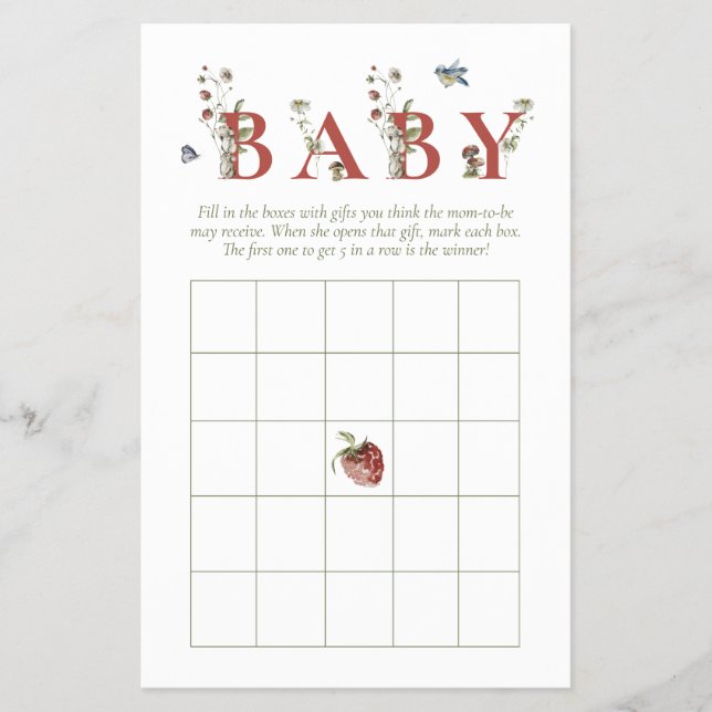 Wildblume Strawberry Baby Dusche Bingo Spiel Flyer (Vorne)