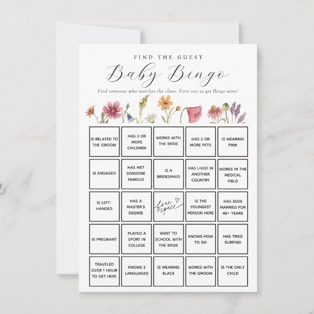 Wildblume Suchen Sie die Baby Bingo Game Card Einladung (Vorderseite)